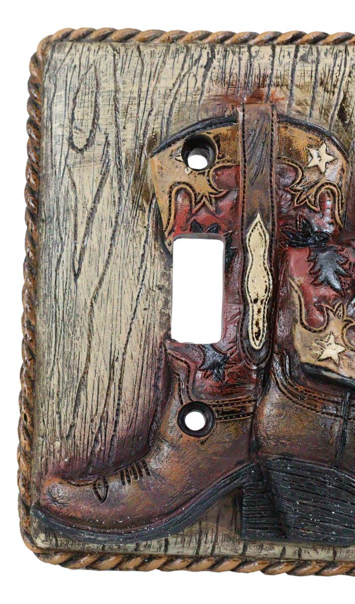 Set Of 2 Rustic Western Cowboy Boots Faux Wood Wall Double Toggle Switch Plates