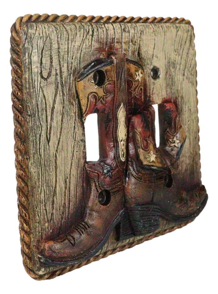 Set Of 2 Rustic Western Cowboy Boots Faux Wood Wall Double Toggle Switch Plates