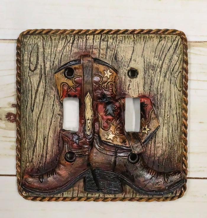 Set of 2 Rustic Western Cowboy Boots Faux Wood Wall Double Toggle Switch Plates