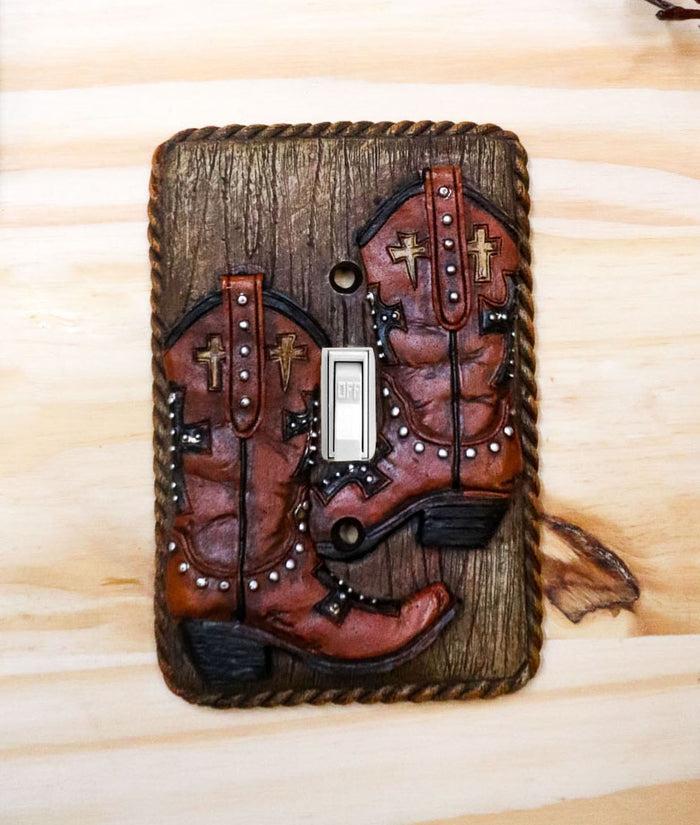 Set Of 2 Rustic Western Cowboy Boots Faux Wood Wall Single Toggle Switch Plates