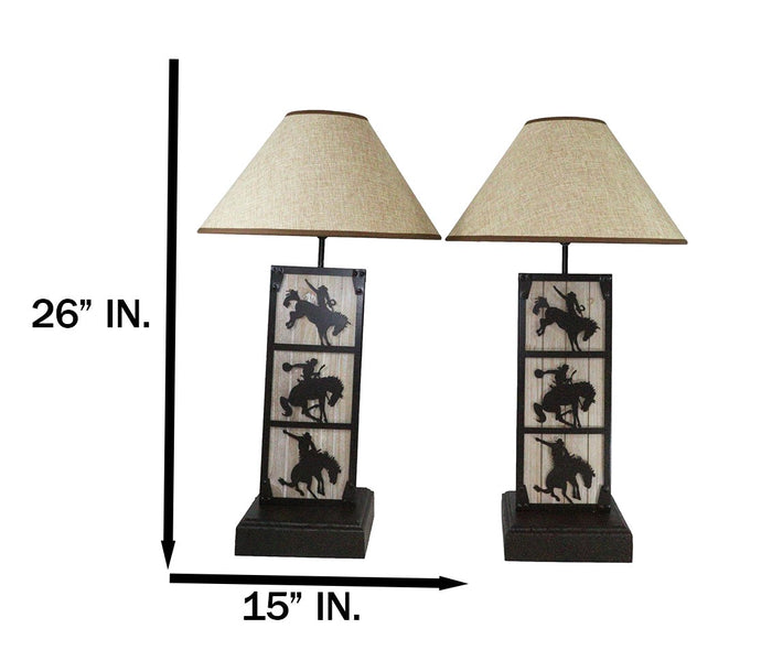 Set Of 2 Rustic Western Cowboy On Giddy Up Horse Wood Metal Bedside Table Lamps
