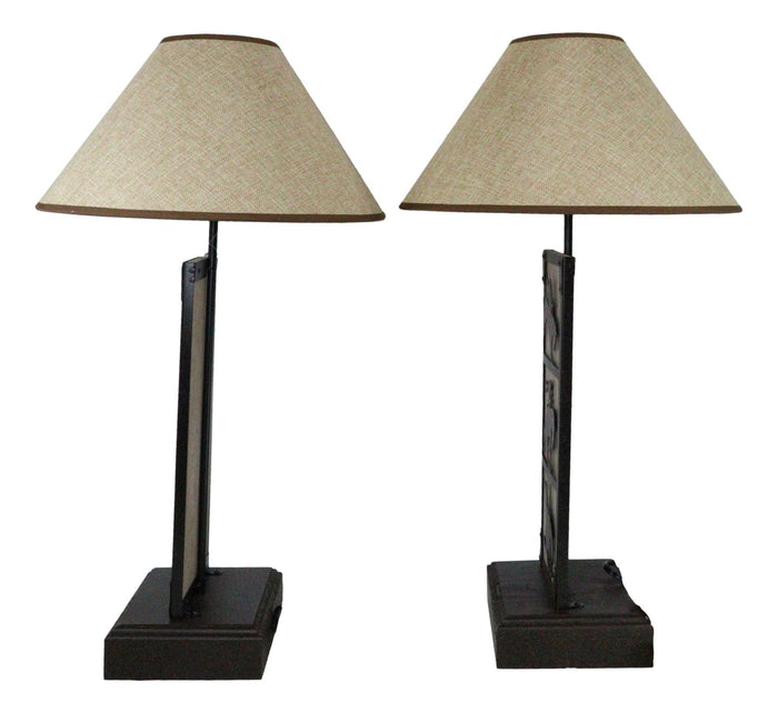 Set Of 2 Rustic Western Cowboy On Giddy Up Horse Wood Metal Bedside Table Lamps