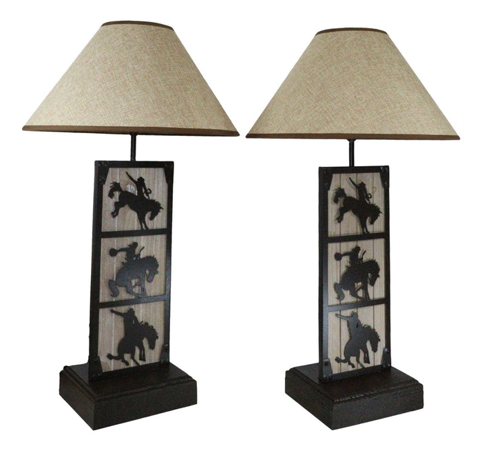 Set Of 2 Rustic Western Cowboy On Giddy Up Horse Wood Metal Bedside Table Lamps