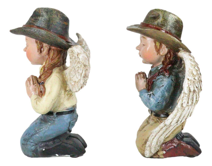 Set Of 2 Rustic Western Cowgirl And Cowboy Angel With Hats Praying Figurines