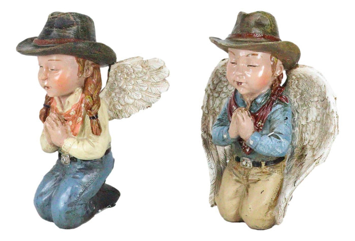 Set Of 2 Rustic Western Cowgirl And Cowboy Angel With Hats Praying Figurines