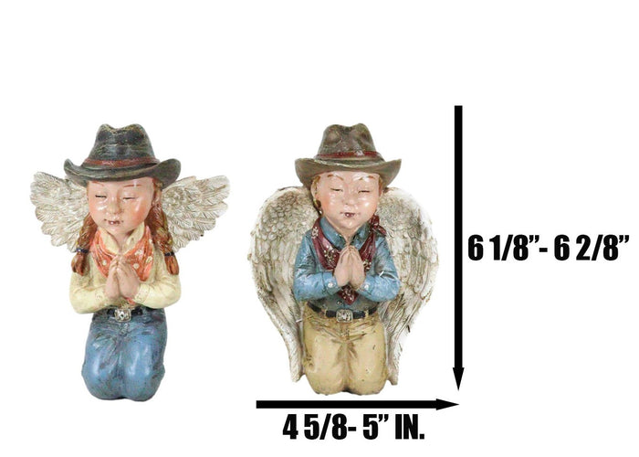 Set Of 2 Rustic Western Cowgirl And Cowboy Angel With Hats Praying Figurines