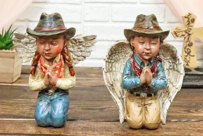 Set of 2 Rustic Western Cowgirl And Cowboy Angel With Hats Praying Figurines Set of 2 Rustic Western Cowgirl And Cowboy Angel With Hats Praying Figurines