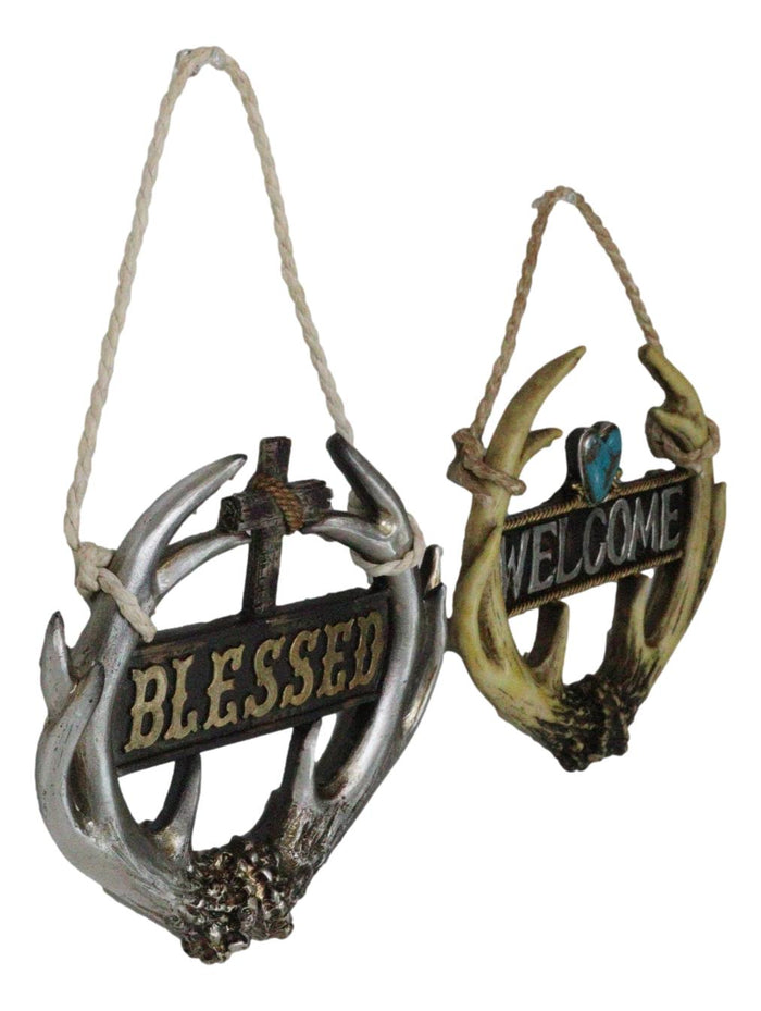 Set Of 2 Rustic Western Deer Antlers Blessed And Welcome Wall Signs Ornaments