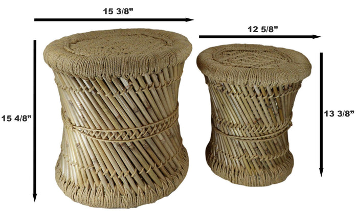 Set Of 2 Rustic Western Hand Woven Bamboo Fibers And Natural Ropes Side Tables