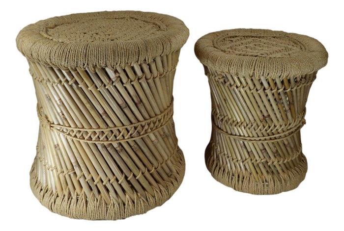 Set Of 2 Rustic Western Hand Woven Bamboo Fibers And Natural Ropes Side Tables