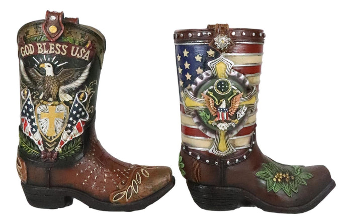 Set Of 2 Rustic Western Patriotic USA Flag Military Cowboy Boot Money Banks