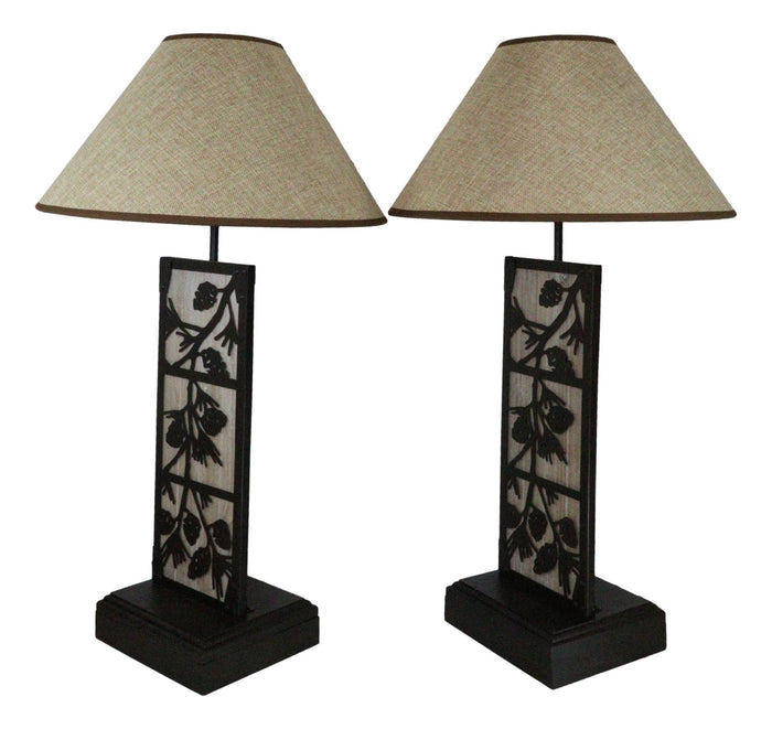 Set Of 2 Rustic Western Pinecone On Branches Wood Metal Bedside Table Lamps