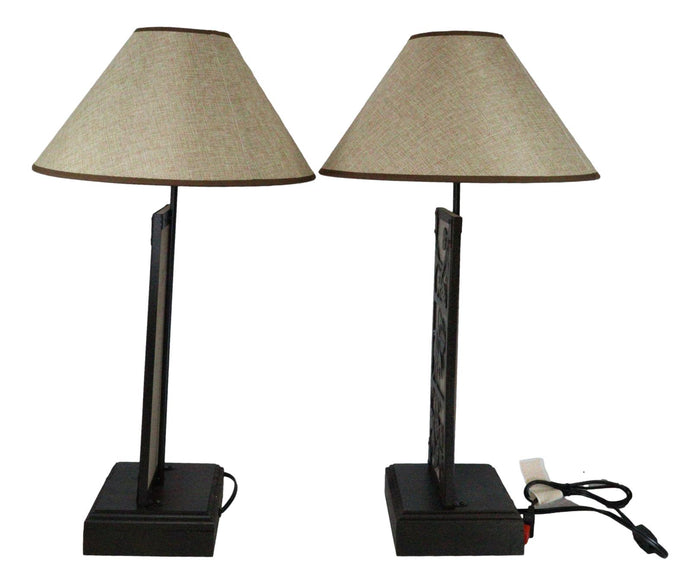 Set Of 2 Rustic Western Pinecone On Branches Wood Metal Bedside Table Lamps