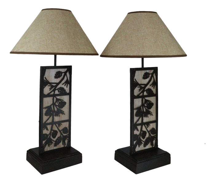 Set Of 2 Rustic Western Pinecone On Branches Wood Metal Bedside Table Lamps