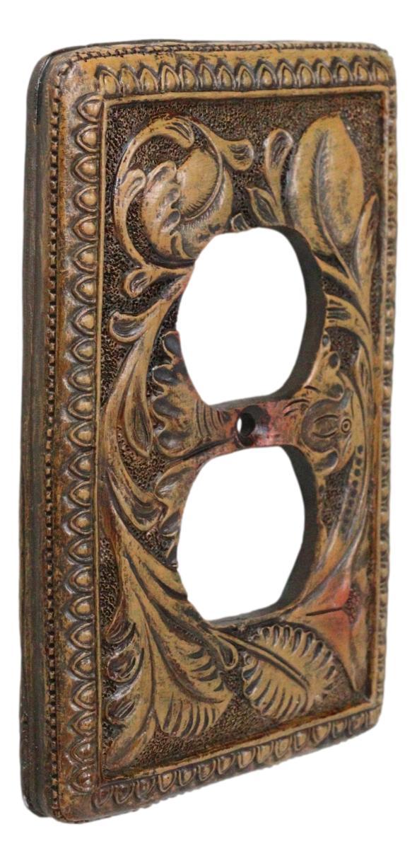 Set Of 2 Rustic Western Tooled Floral Lace Double Receptacle Outlet Wall Plates