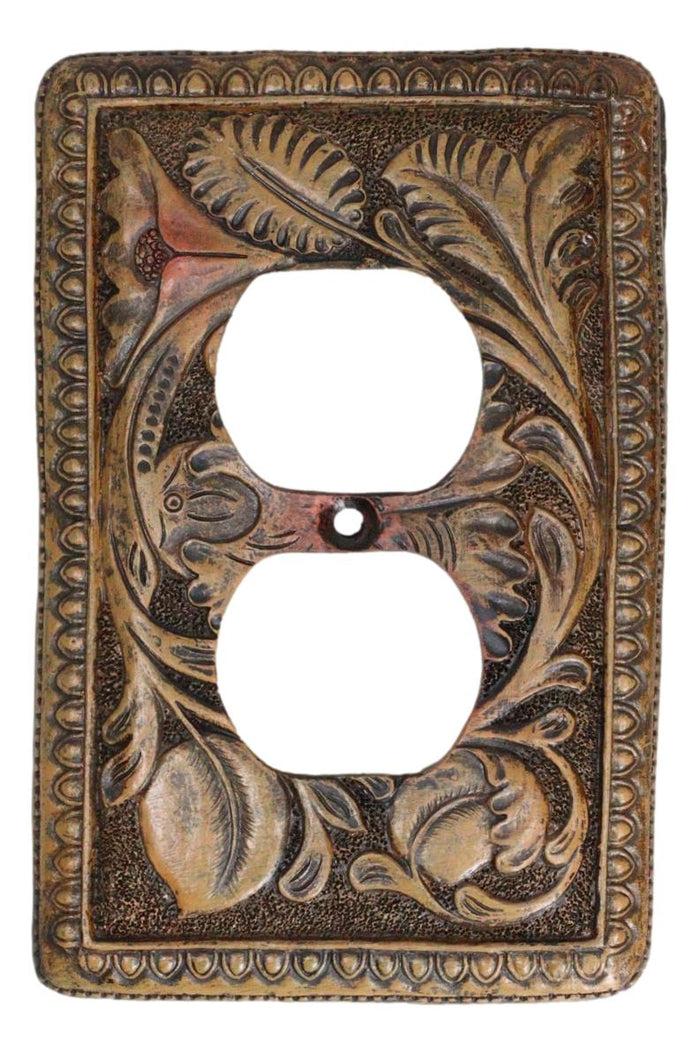 Set Of 2 Rustic Western Tooled Floral Lace Double Receptacle Outlet Wall Plates