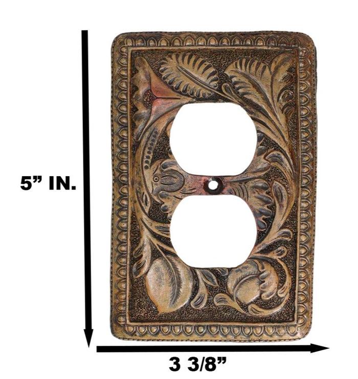 Set Of 2 Rustic Western Tooled Floral Lace Double Receptacle Outlet Wall Plates