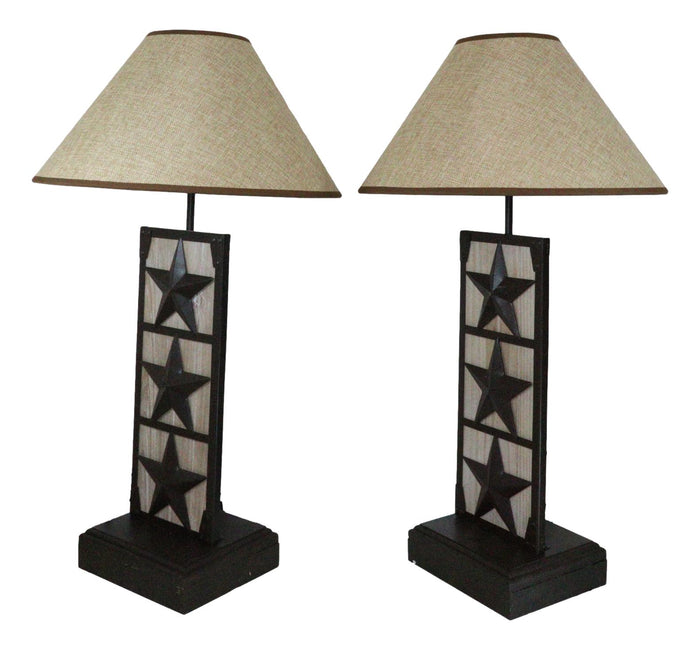 Set Of 2 Rustic Western Triple Lone Stars Wood And Metal Bedside Table Lamps