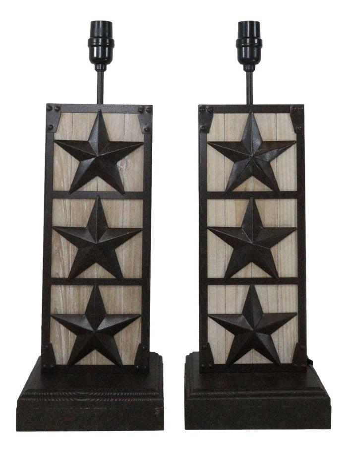 Set Of 2 Rustic Western Triple Lone Stars Wood And Metal Bedside Table Lamps