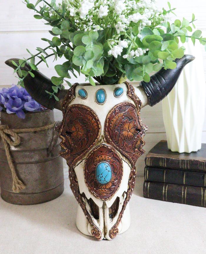 Set Of 2 Southwest Cow Skulls With Turquoise Rocks Tooled Leather Vase Figurines