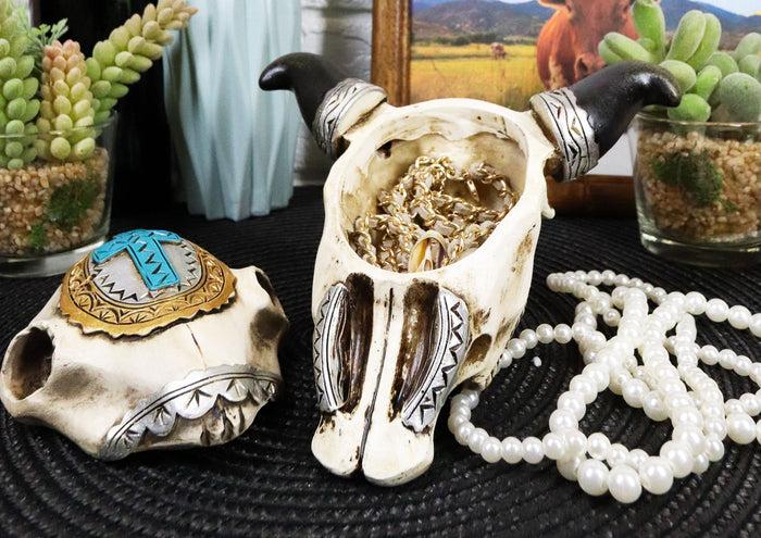 Set Of 2 Southwest Rustic Cow Skull With Cross And Aztec Patterns Trinket Boxes