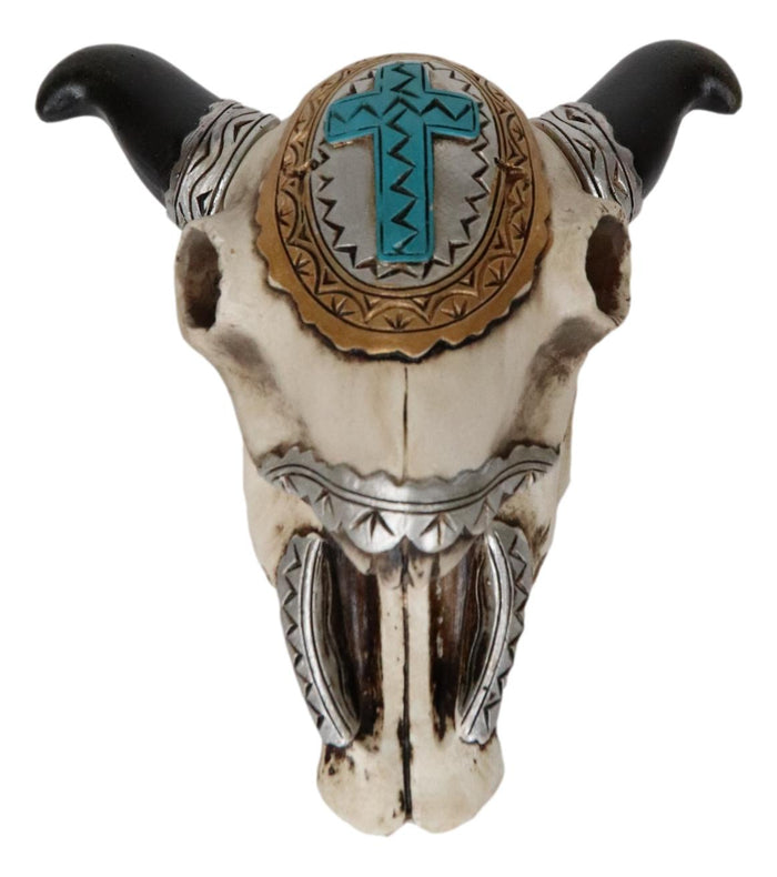 Set Of 2 Southwest Rustic Cow Skull With Cross And Aztec Patterns Trinket Boxes