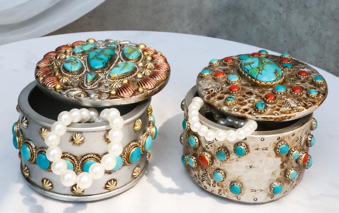 Set Of 2 Southwest Rustic Turquoise Red Rocks And Stones Vintage Trinket Boxes