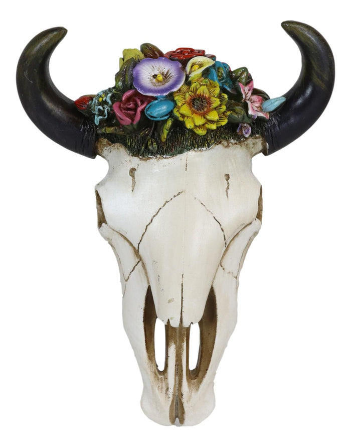 Set Of 2 Southwestern Bull Cow Steer Skulls With Colorful Succulent Wall Decors