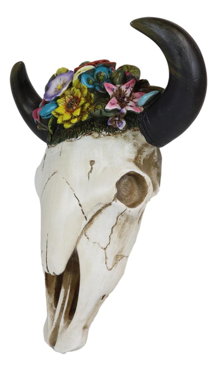 Set Of 2 Southwestern Bull Cow Steer Skulls With Colorful Succulent Wall Decors