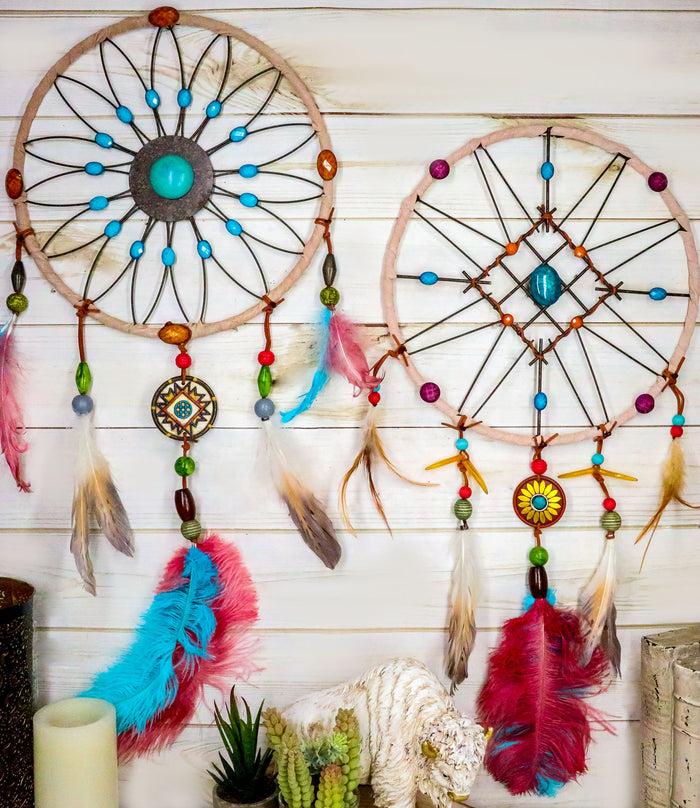 Set Of 2 Southwestern Tribal Indian Boho Chic Floral Feather Wall Dreamcatchers