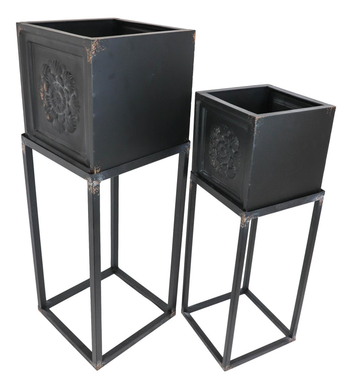 Set Of 2 Vintage French Country Floral Accent Planter Basin Pots With Stands