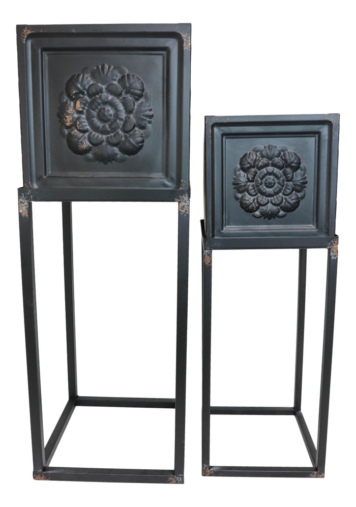 Set Of 2 Vintage French Country Floral Accent Planter Basin Pots With Stands