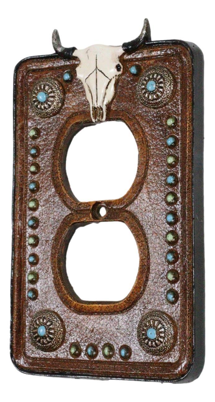 Set Of 2 Western Cow Skull Turquoise Concho Wall Double Receptacle Switch Plates