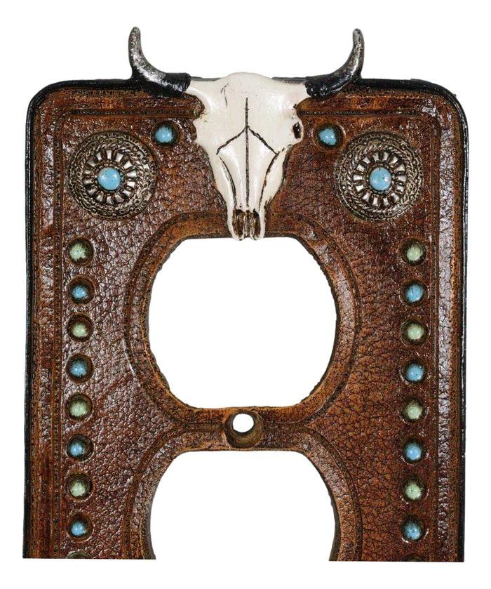 Set Of 2 Western Cow Skull Turquoise Concho Wall Double Receptacle Switch Plates