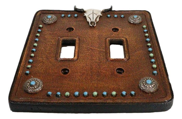Set Of 2 Western Cow Skull Turquoise Conchos Wall Double Toggle Switch Plates