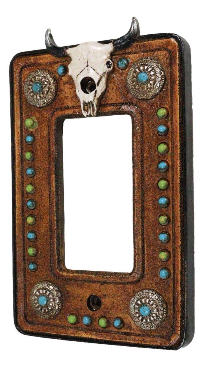 Set Of 2 Western Cow Skull Turquoise Conchos Wall Single Rocker Cover Plates
