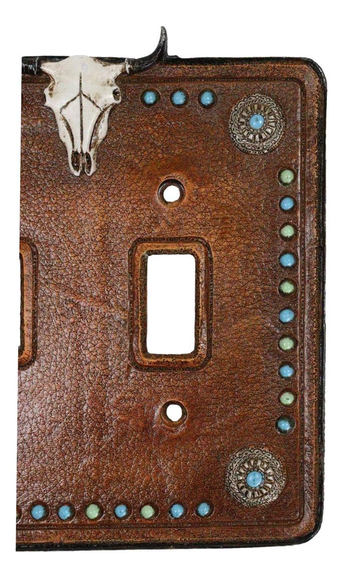 Set Of 2 Western Cow Skull Turquoise Conchos Wall Double Toggle Switch Plates
