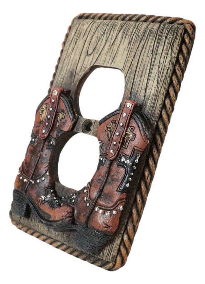 Set Of 2 Western Cowboy Boots Faux Wood Wall Double Receptacle Outlet Plates