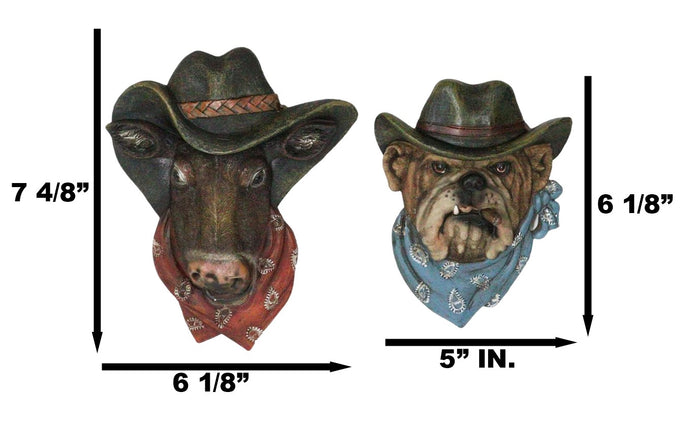 Set Of 2 Western Cowboy Bulldog Dog And Bull Cow Hats And Scarves Wall Plaques