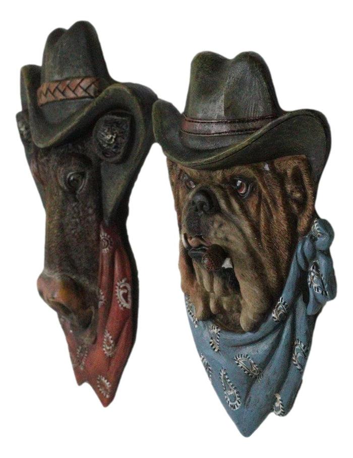 Set Of 2 Western Cowboy Bulldog Dog And Bull Cow Hats And Scarves Wall Plaques