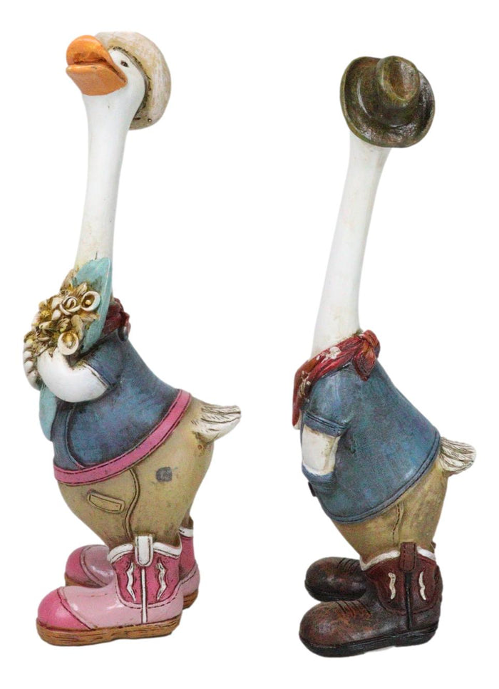 Set Of 2 Western Cowboy Cowgirl Ducks With Hats Scarves And Boots Figurines