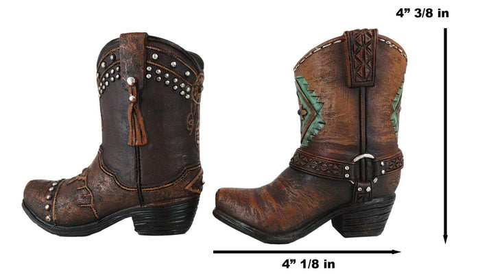Set Of 2 Western Cowboy Turquoise & Dreamcatcher Boots Make Up Tools Pen Holder