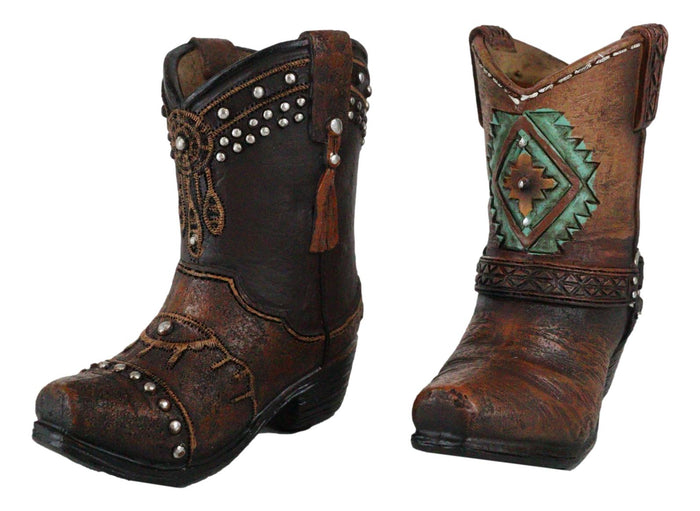 Set Of 2 Western Cowboy Turquoise & Dreamcatcher Boots Make Up Tools Pen Holder