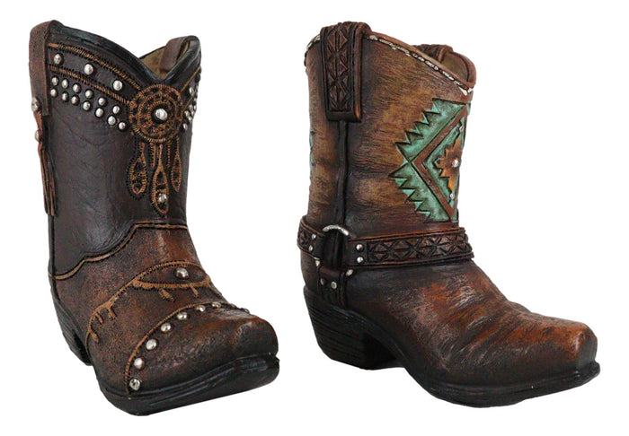 Set Of 2 Western Cowboy Turquoise & Dreamcatcher Boots Make Up Tools Pen Holder