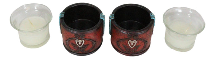 Set Of 2 Western Cowgirl Love Heart Scrollwork Faux Leather Votive Candle Holder