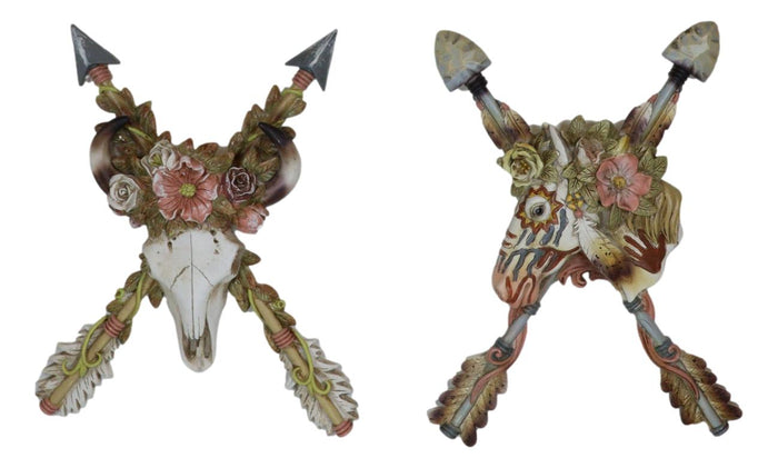Set Of 2 Western Floral Blooms Cow Skull & Horse With Crossed Arrows Wall Decor