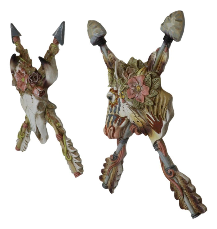 Set Of 2 Western Floral Blooms Cow Skull & Horse With Crossed Arrows Wall Decor