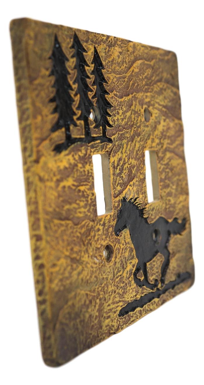 Set Of 2 Western Horse And Pine Trees Silhouette Wall Double Toggle Switch Plate