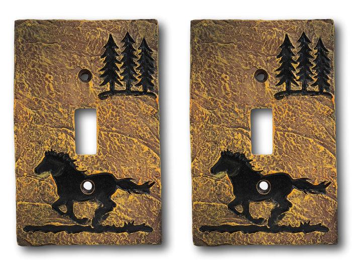 Set Of 2 Western Horse And Pine Trees Silhouette Wall Single Toggle Switch Plate