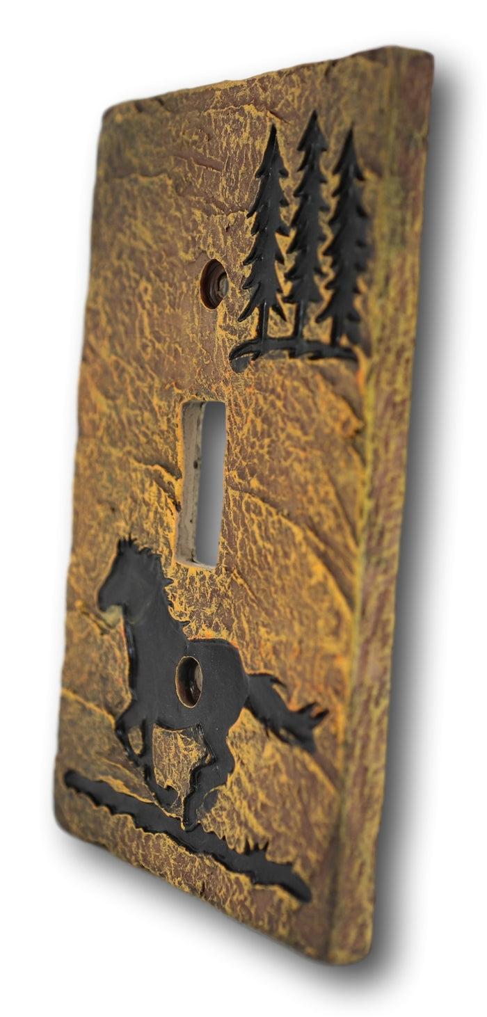 Set Of 2 Western Horse And Pine Trees Silhouette Wall Single Toggle Switch Plate